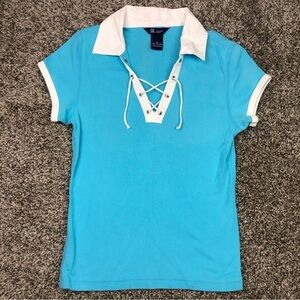 SO GSJC Sky Blue Criss Cross Tie Collared Short Sleeve Top Size Medium